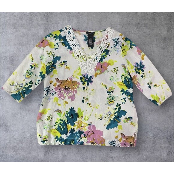 PREMISE Tunic Belize City Floral Print Crochet Detail Top Six Medium Linen Blend - Picture 1 of 9